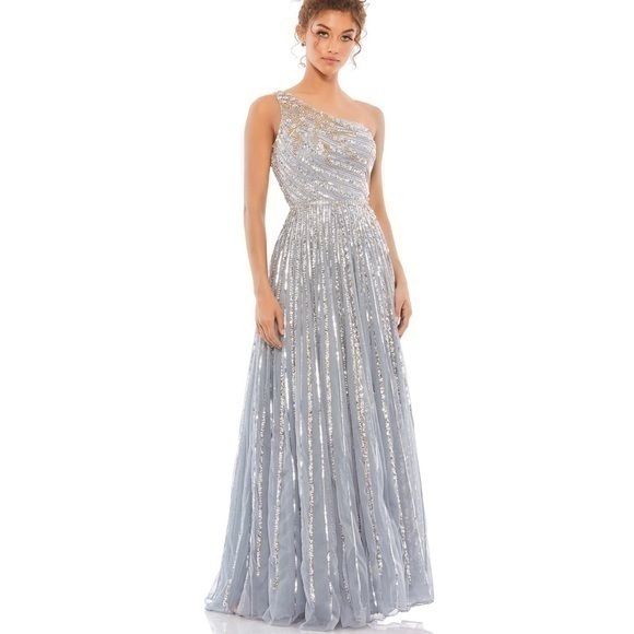 MAC DUGGAL Platinum Embellished One Shoulder A-Line Evening Gown - Picture 1 of 17